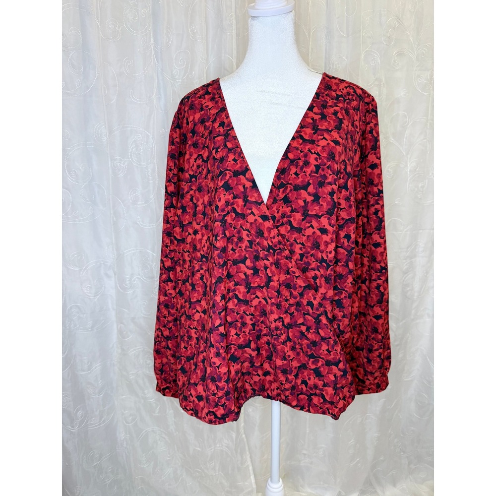 A New Day Red Floral Surplice Wrap Blouse Long Sleeve V-Neck Top Plus Size 1X
